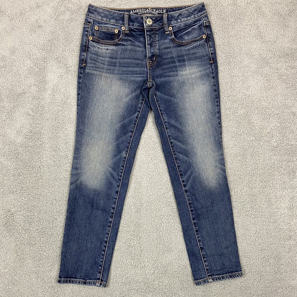 American‎ Eagle Boy Crop Stretch Jeans Medium Wash Button Fly Size 0 Regular